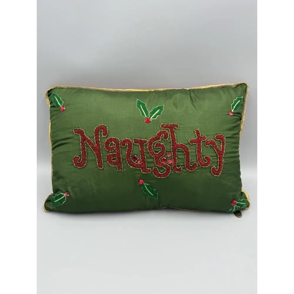 Pier 1 Imports Naughty or Nice Christmas Throw Pillow 17” x 11” Beaded Sequins